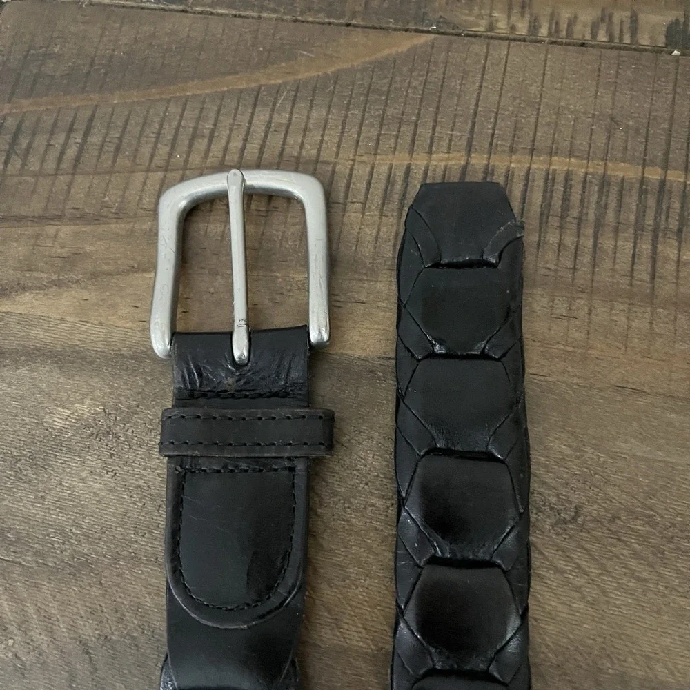 Braided Leather Folded Belt Men's Sz‎ 38 Black Silver Buckle